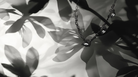 Silhouette of a beautiful necklace on the background of leaves.の素材