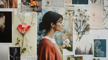 Beautiful girl with flowers in her hand on a background of photosの素材