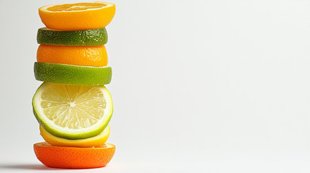 Slices of citrus fruit on a white background with copy spaceの素材