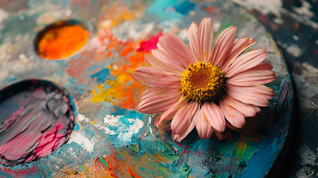 Colorful palette with oil paints and daisy flower, closeupの素材