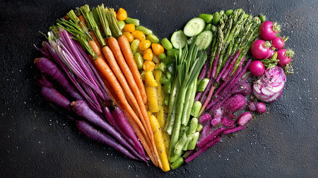 Heart shape made of fresh vegetables on black background. Healthy eating conceptの素材