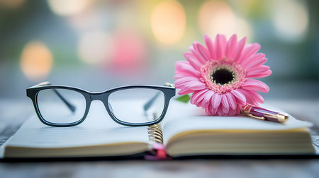 Glasses and book with pink gerbera flower on wooden tableの素材