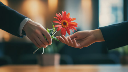 Cropped image of businesswoman giving red flower to her colleague in cafeの素材