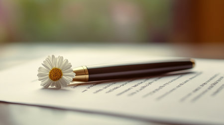 Pen and chamomile flower on a book. Shallow DOFの素材