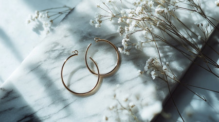 Wedding rings on a marble background with gypsophila flowersの素材