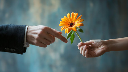Close up of male and female hands holding a flower over blue backgroundの素材