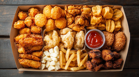 Fried chicken nuggets and french fries in box on wooden backgroundの素材
