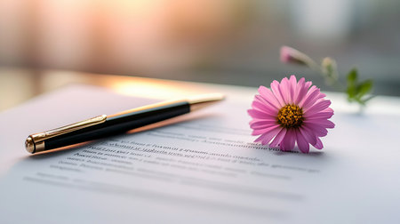 Pen and pink flower on the contract with sunlight background, business conceptの素材