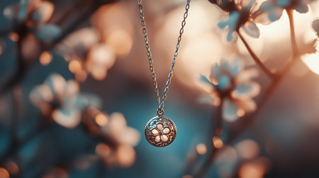 Jewelry pendant on a chain against the background of a blossoming treeの素材