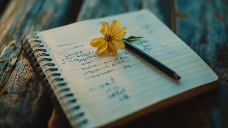 Notebook with pen and flower on old wooden table, selective focusの素材