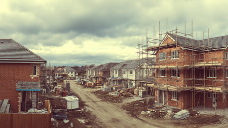 construction of a new house on a background of stormy skyの素材