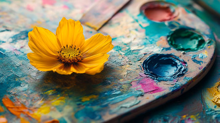 Painting palette and yellow flower on a wooden background. Selective focus.の素材