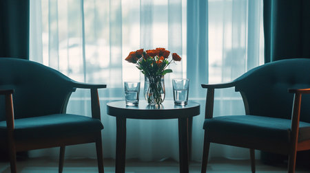 Interior of a hotel room with chairs and a table with flowersの素材