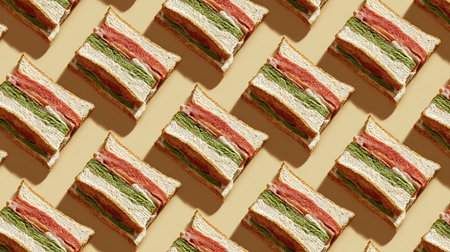 Seamless pattern with sandwiches on beige background. Top view.の素材