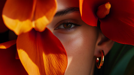 Close-up portrait of a beautiful woman with red tulip flowersの素材