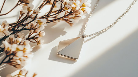 stylish silver pendant with flowers on white background, flat layの素材