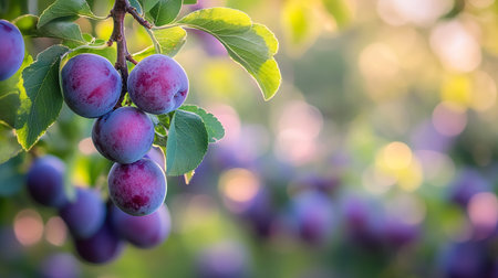 Ripe plums on a branch in the garden. Selective focus.の素材
