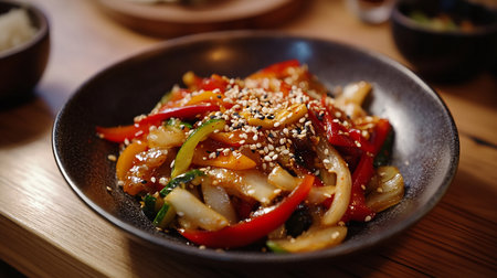 Asian food, Stir-fried squid and sweet peppers with sesame seedsの素材