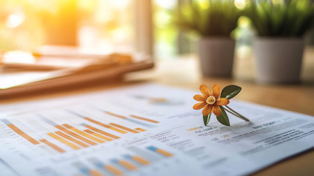 Close up of business graph and chart paper with flower on table in officeの素材
