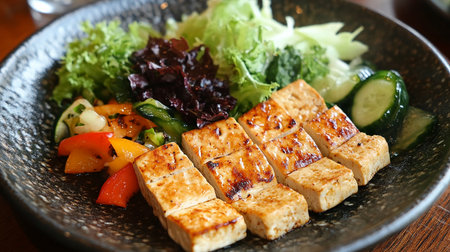 Grilled Tofu with salad on wooden table, closeupの素材