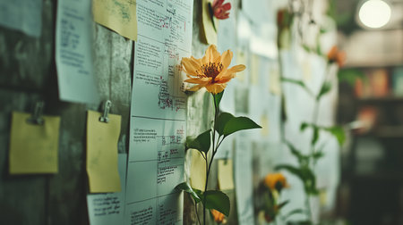 Yellow flower in a pot on the wall with old post it notesの素材
