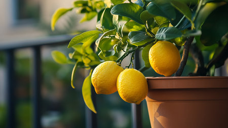 Lemon tree in a pot with lemons on a background of green foliageの素材