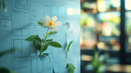Blooming white flower on a whiteboard in a coffee shop.の素材