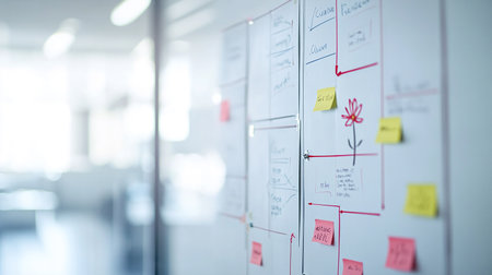 Blurred image of business presentation board with colorful sticky notes on it.の素材