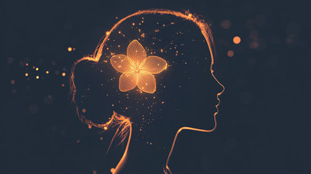 Double exposure of female head with flower in her hair. Mental health conceptの素材