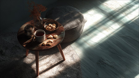 Still life with coffee and cookies on a wooden table. 3d renderの素材