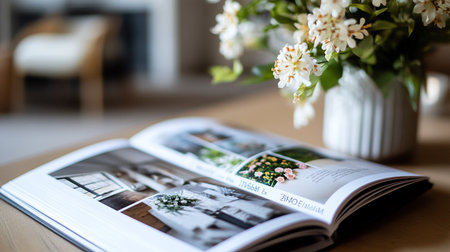 Vintage magazine with flowers on wooden table. Selective focus.の素材