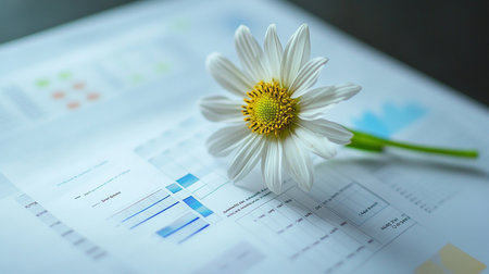 Chamomile flower on financial report paper with copy space.の素材