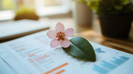 Close up of business report with pink flower and green leaf on wooden desk.の素材