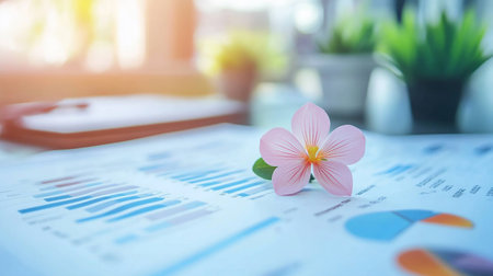 Close up of business report and flower on desk with sunlight effect.の素材