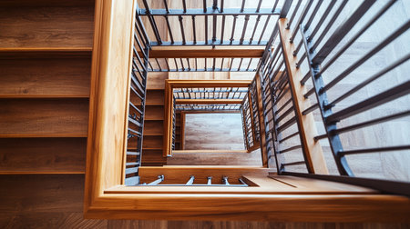 Staircase in a wooden house. View from the top.の素材