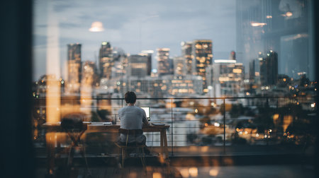 Rear view of a young businessman sitting at a table in a modern office with a city view in the backgroundの素材