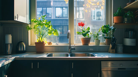 Kitchen interior with plants and faucet in morning sunlight.の素材