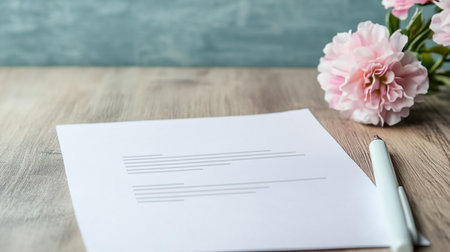 Blank paper and pink flower on wooden table with copy space.の素材