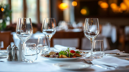 Restaurant table setting with plates and cutlery in a restaurantの素材