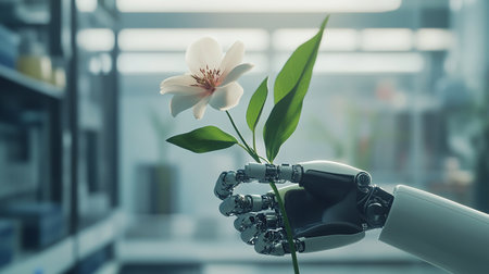 3d rendering robot hand hold flower in the lab, artificial intelligence conceptの素材