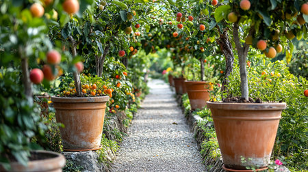 Rows of persimmon trees with ripe fruits in Sicily, Italyの素材