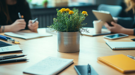 Close-up of businesswoman working with digital tablet and smartphone in officeの素材