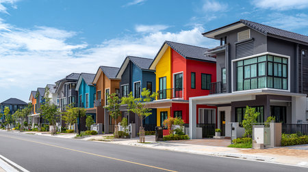 Row of multi-colored houses on the street in the city.の素材