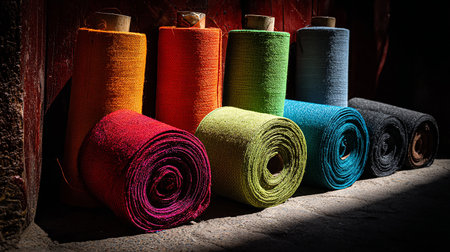Colorful fabric rolls in a textile factory. Selective focus.の素材