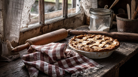 Homemade apple pie on a rustic wooden table. Selective focus.の素材