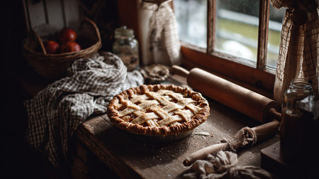 Tasty homemade pie on rustic kitchen table. Selective focus.の素材