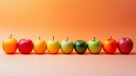 A row of apples on a orange background, with copy space.の素材