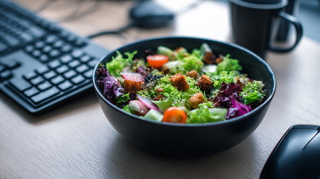 Salad in a black bowl on the table with a computer keyboardの素材
