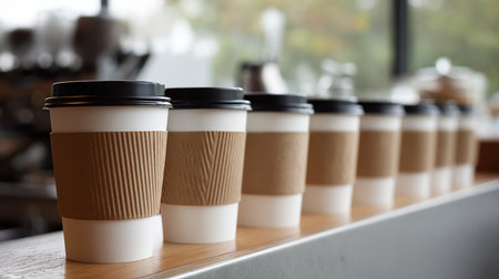 Disposable coffee cups on table in coffee shop, closeupの素材