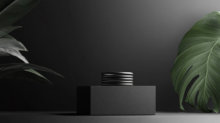 3d render of black podium with monstera leaves on black backgroundの素材
